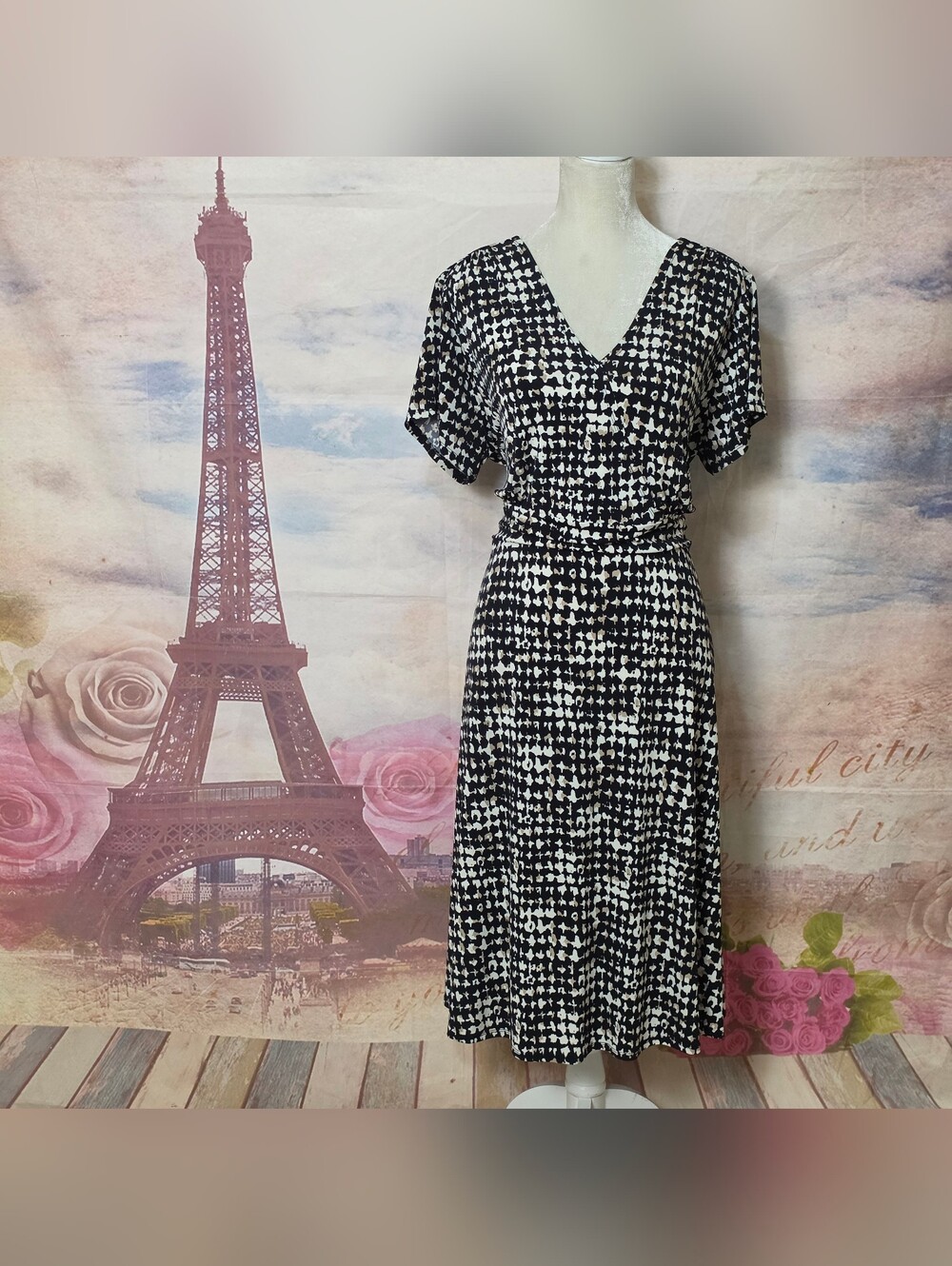 JM Collection Black and White Printed V-Neck Midi Dress 2X
